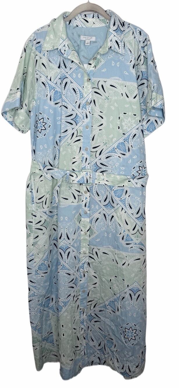 NWT Ann Taylor Weekend Pastel Blue Green Paisley Belted Collar Dress Size 14